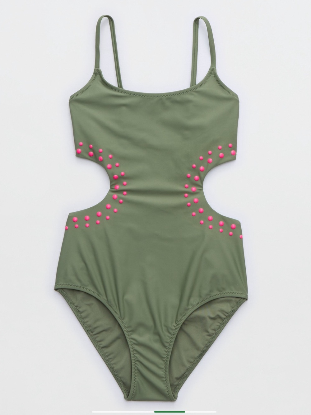 aerie Olive Green One-Piece Swimsuit with Pink Stud Accents